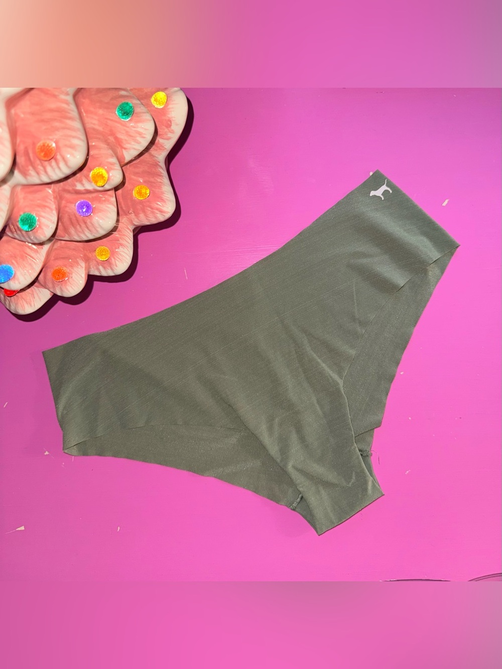 Victorias Secret Pink Cheekster panty NWOT L olive green silky